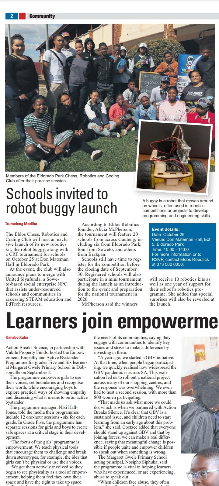 Press clipping: “Schools invited to robot buggy launch” — 20 schools join the CRT tournament at Don Mateman Hall.