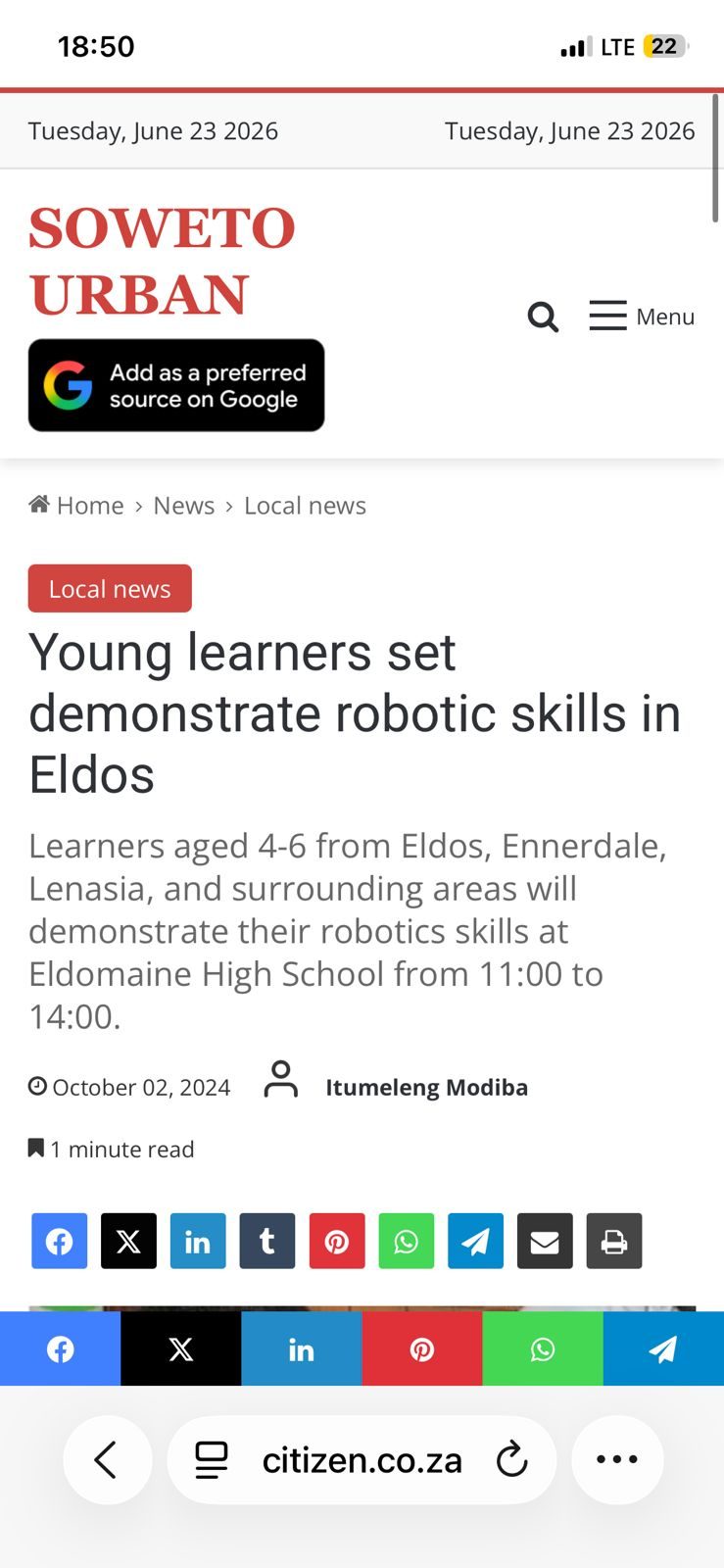 Press clipping: “Young learners set demonstrate robotic skills in Eldos” — online coverage, October 2024.