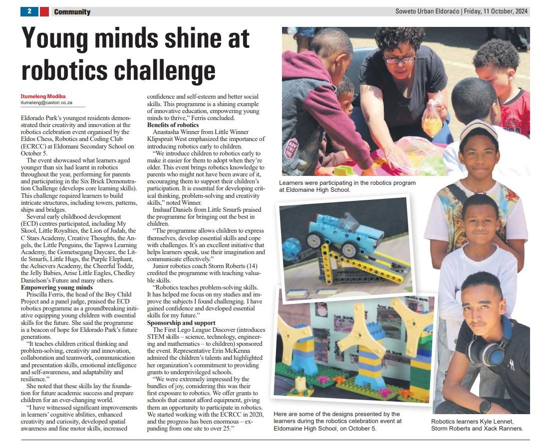 Press clipping: “Young minds shine at robotics challenge” — learners under six take on the Six Brick Demonstration Challenge.